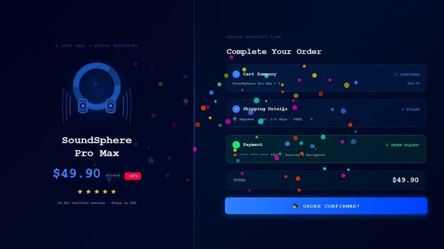 A social commerce overlay showing a digital checkout interface progress bar filling with glowing confetti while selecting product purchase options on a dark blue screen surface