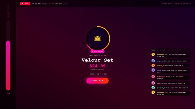 A social commerce overlay display showcases a sleek digital store interface featuring user chat streams and an interactive shopping button on a dark purple screen