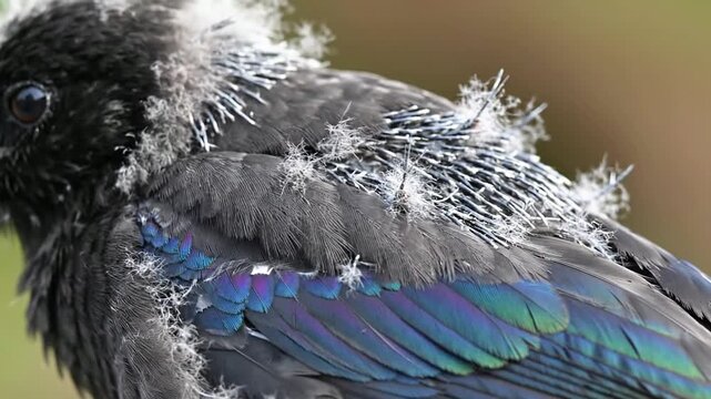 Close-Up Portrait of a Majestic Black Bird with Iridescent Feathers Against Blurred Natural Background