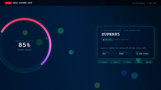 A social commerce overlay graphic displays digital savings percentages with neon glowing circular progress rings and interactive voucher code boxes in a sleek dark user interface