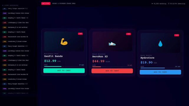 A vibrant social commerce overlay interface displays digital shopping cards during a live broadcast featuring neon aesthetic graphical elements and user activity tracking in dark mode