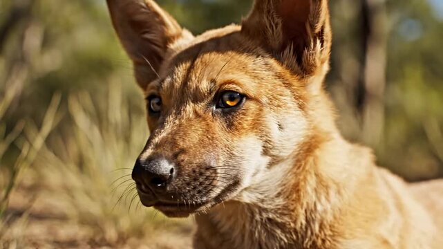 Close-Up Portrait of a Sandy-Muzzled Dingo in Natural Australian Habitat with Intense Expression and Vibrant Nature Background