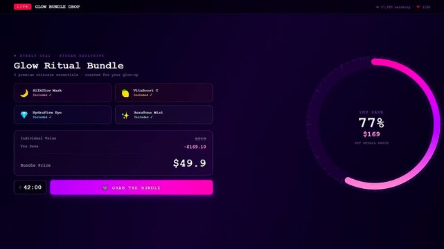 A social commerce overlay display showcasing promotional discount countdown timers and skincare product bundle information on a dark purple digital interface designed for online shopping interaction