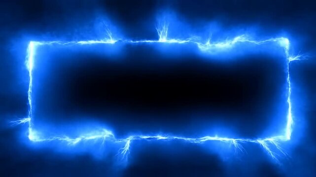 Static shot of glowing electric rectangular frame pulsing and sparking with blue lightning outline against black background in digital abstract space