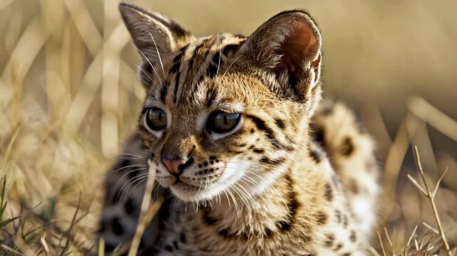 Close-Up Portrait Of A Serval Cat In Its Natural Grassland Habitat With Striking Spotted Fur And Observant Expression