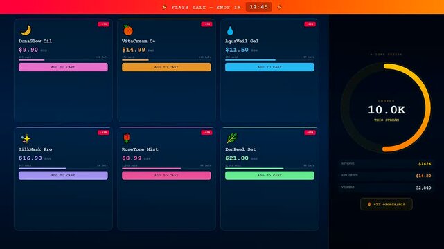 A digital social commerce overlay interface tracks live product sales metrics on a glowing dark screen as countdown timers tick down towards a major deadline