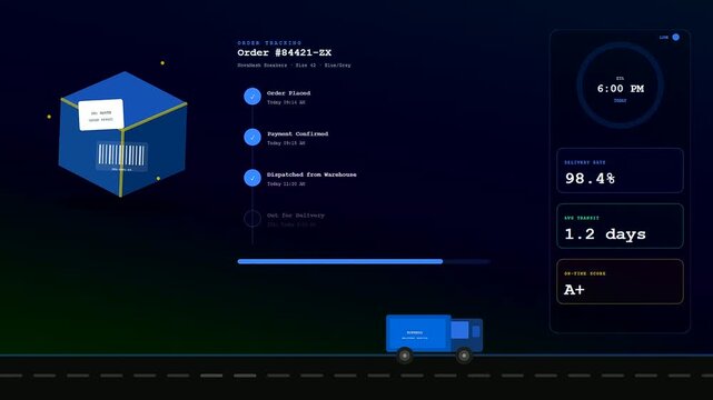 a digital social commerce overlay displays animated logistics tracking progress of a floating cube box on a dark screen with icons and moving delivery truck