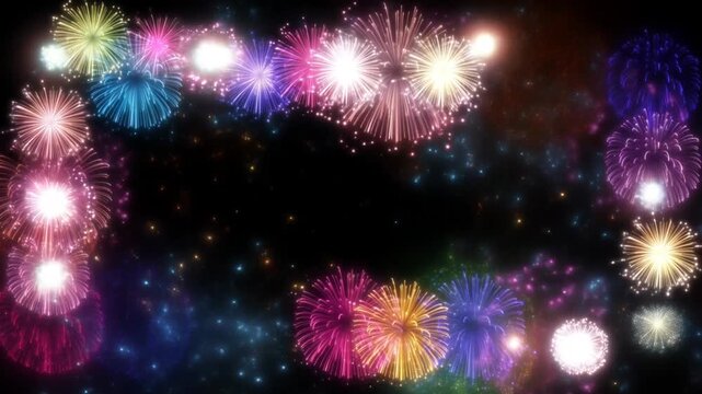 Slow motion static shot of colorful fireworks bursts forming glowing border around dark night sky for celebration
