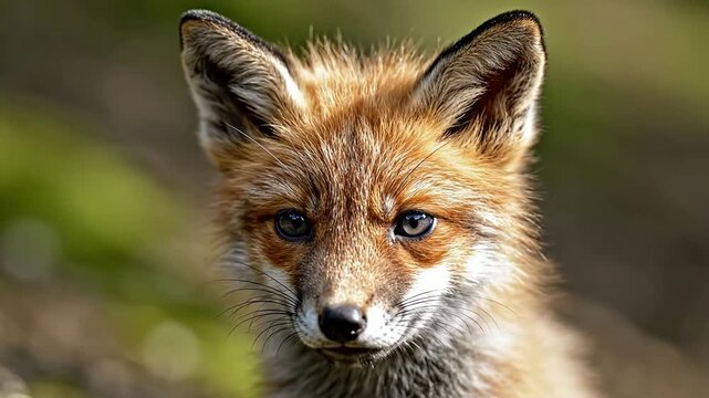 Close-Up Portrait of a Young Fox with Striking Blue Eyes and Vibrant Fur in a Natural Setting