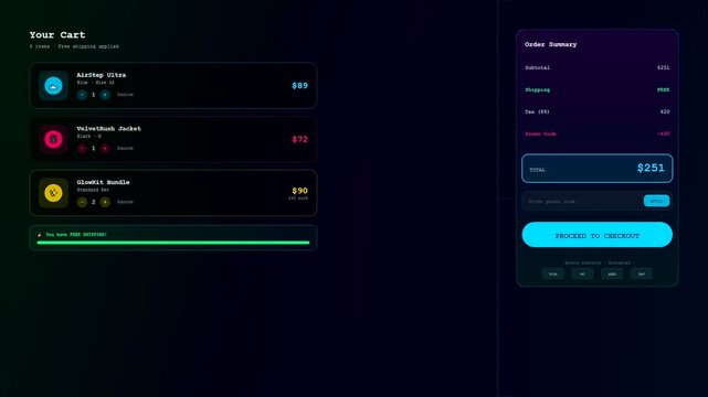A digital social commerce overlay interface showcasing e commerce product listings and checkout menus designed with dark mode aesthetic elements for modern mobile retail software applications