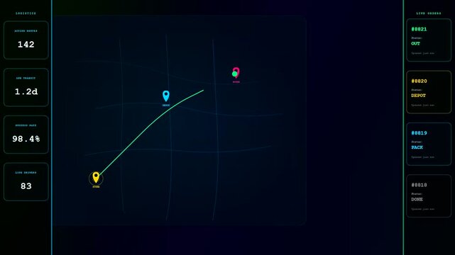 a glowing social commerce overlay interface reveals dynamic digital logistics tracking paths moving across a dark screen while managing multiple remote distribution shipping tasks