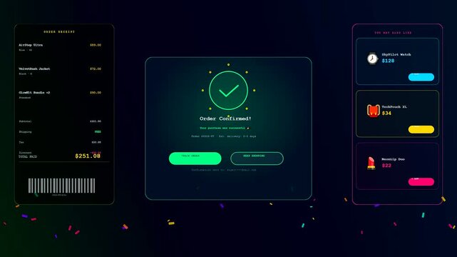 A vibrant social commerce overlay interface showcases digital receipts and confirmed orders with neon graphical elements floating against a dark atmospheric space for modern user experience