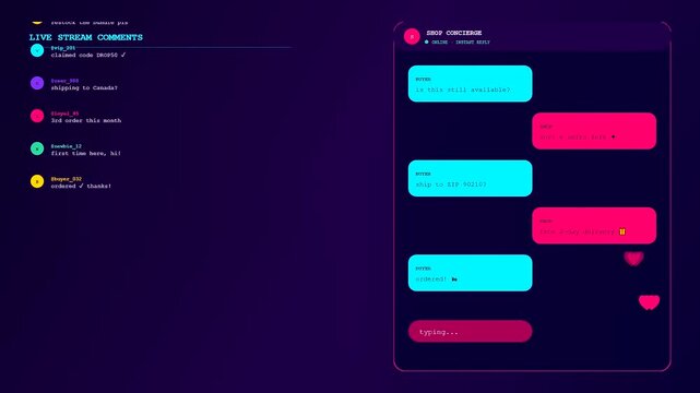 A digital Social Commerce Overlay interface displays real time user activity interaction streams featuring conversational chat text bubbles alongside animated floating heart icons on dark screens