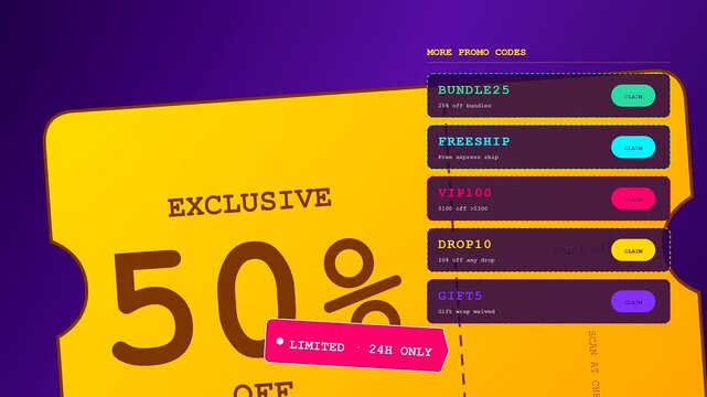 A vibrant social commerce overlay animation demonstrating discount ticket reveal sequences on a purple gradient canvas for digital marketing campaigns and online retail sales user interface