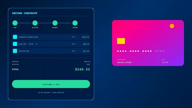 A digital social commerce overlay displays transaction steps including cart shipping and payment confirmation fields inside a minimalist window interface on a smooth gradient blue canvas