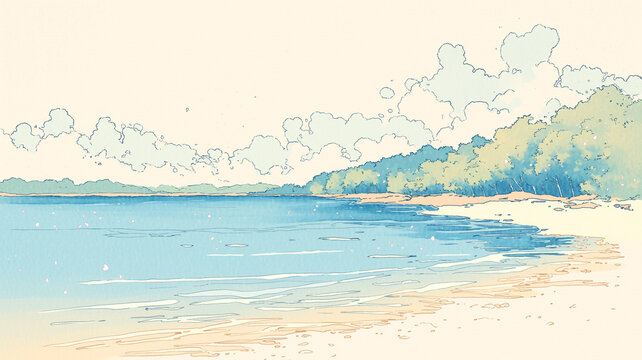 岸辺に広がる穏やかな水面と雲のある空を描いた海景イラスト。海、砂浜、波、海岸線、自然、休日、釣り、海遊び、アウトドア、チル、夏休み、旅行、レジャー、リラックス、背景、バナー、ポスター、テンプレート、コピースペース、風景素材、季節感、開放感、静けさを演出する使いやすいデザイン。広告やカード、表紙にも好相性。表紙やヘッダー素材にも好適。風景素材として汎用性の高い一枚。余白を生かしたデザイン制作に便利。