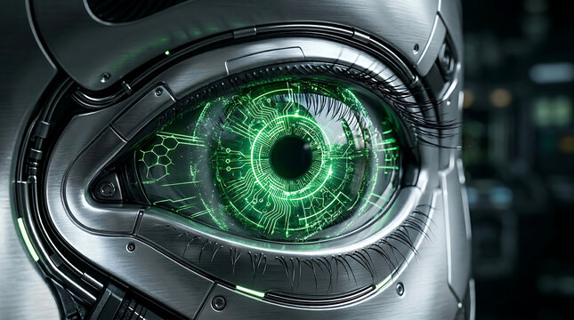 Close-up futuristic robotic eye with green digital circuits