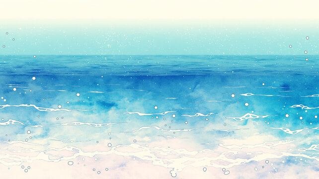穏やかな海と砂浜を描いた夏の背景イラスト。海岸、波打ち際、水面、遠景、雲、空、自然、休日、釣り、海遊び、アウトドア、チル、夏休み、旅行、レジャー、リゾート、風景、背景素材、コピースペース、ポスター、バナー、のんびりした雰囲気を演出する癒やしのデザイン。パンフレットや広告、壁紙、ヘッダーにも便利。季節の告知や販促に活躍。見出しや装飾背景に便利。表紙やヘッダー素材にも好適。幅広い媒体で使いやすい構図。
