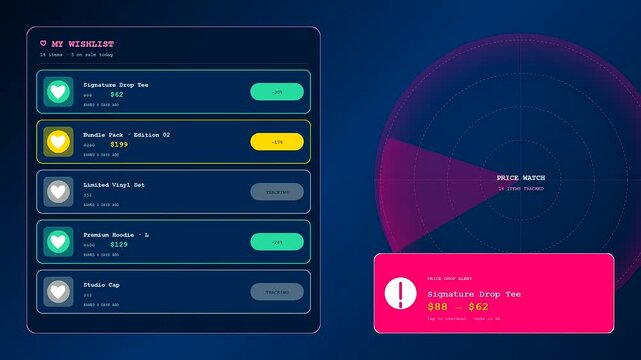 Displaying a social commerce overlay interface on screen featuring digital lists and circular radar tracking elements to monitor price fluctuations for virtual consumer shopping habits