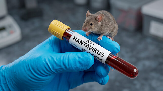 Scientist holds test tube with blood sample and mouse for hantavirus research