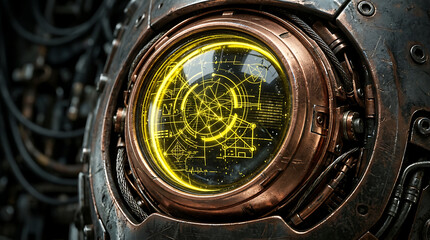 Fototapeta premium Detailed close-up of a mechanical eye with glowing yellow digital display