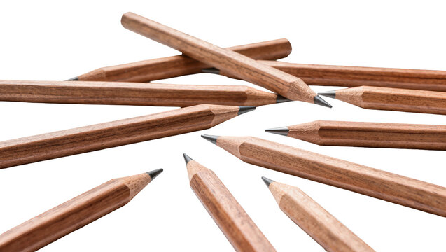 Isolated collection of natural wood pencils with sharpened graphite tips, essential for creativity