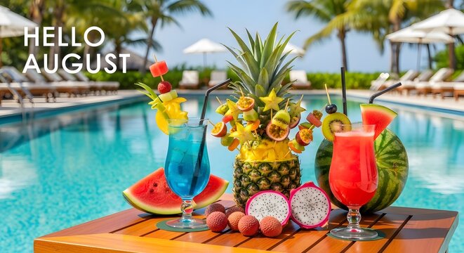 Hello August background with tropical cocktails, fresh fruits, and pineapple decor on a wooden table next to a swimming pool resort.