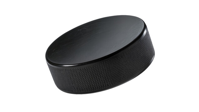 Isolated black ice hockey puck, professional sports equipment for winter games and competition