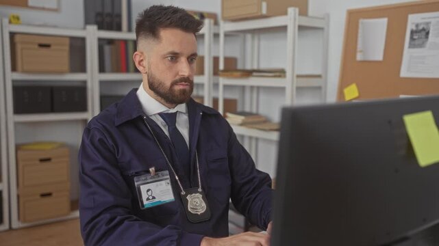 Man police detective typing on keyboard, badge and idcard visible, hands on keys at computer in building; duty investigation.