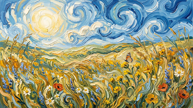 Minimalist Mother's Day Butterfly Among Wild Flowers Oil Painting Wallpaper