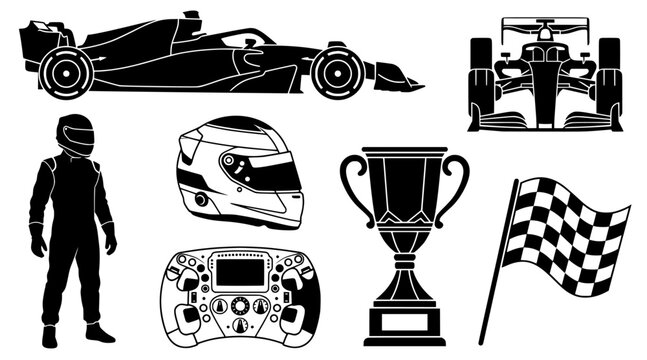 Formula 1 Racing and Motorsport Vector Icon Set - Race Car, Driver, Steering Wheel, Trophy, helmet, and Checkered Flag Line Art vector