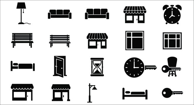 Furniture And Building Icons Black Silhouette On White Background