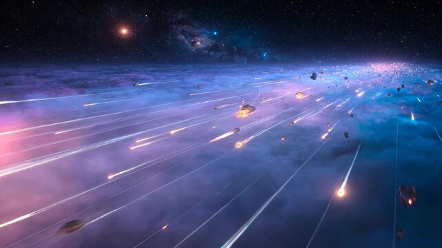 Wide angle view of a massive hot meteor storm traversing a cosmic space highway universe