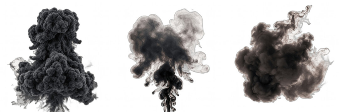 Dark Smoke Explosion and Billowing Vapor Cloud Collection Isolated on White Background for Industrial Hazard Simulation and Abstract Visual FX Projects