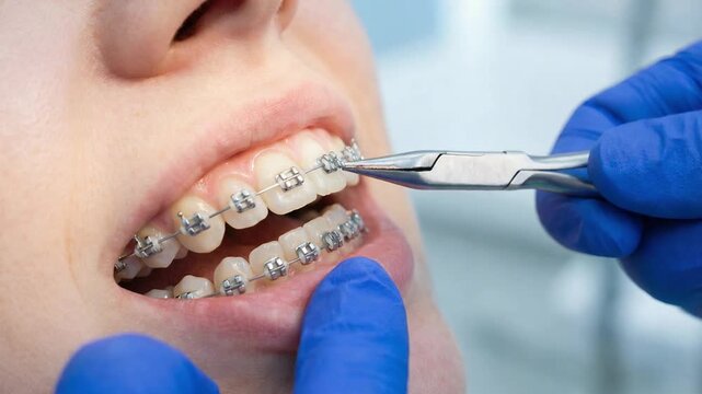 Professional orthodontist wearing blue gloves using dental pliers to install or adjust metal braces on a patient's teeth. Dental procedure for correcting bite and aligning teeth