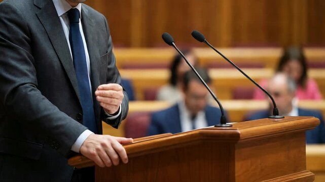 Politician in a suit speaking at a wooden rostrum with microphones, gesturing during a parliamentary session or political conference with other government members seated in the background