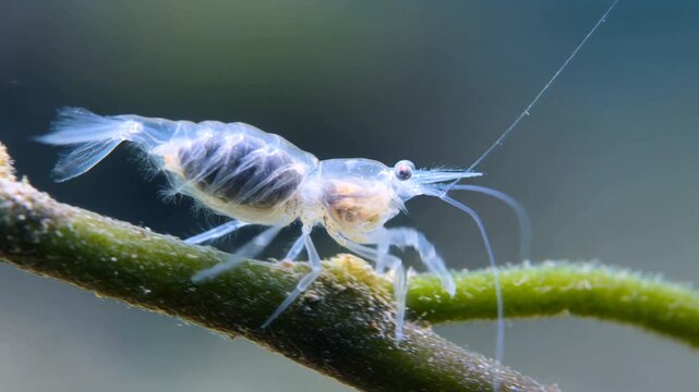 Macro video of a tiny translucent skeleton shrimp moving delicately along a strand of seaweed