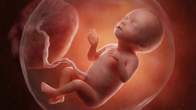 Scientifically accurate 3d animation of a human fetus developing inside the uterus, showing its movement, umbilical cord, and placenta within the amniotic sac during the later stages of pregnancy