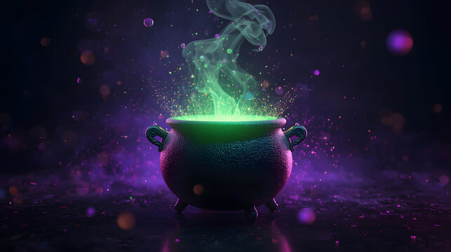 Magical witch cauldron with glowing green potion and mystical smoke rising, dark fantasy background with purple sparkles and bokeh lights, enchanting alchemy concept