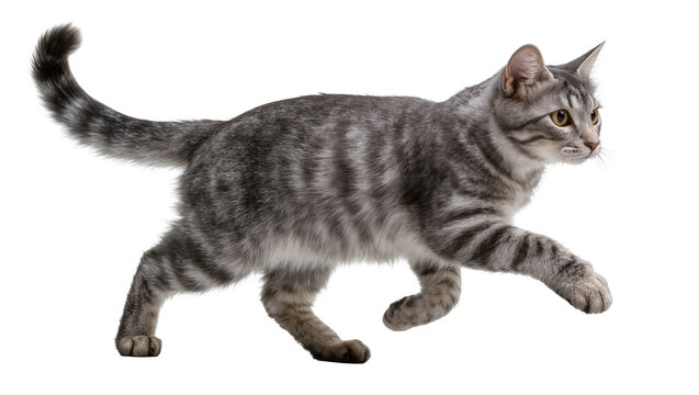Isolated grey tabby kitten trotting forward, side view, dynamic pose with striped fur