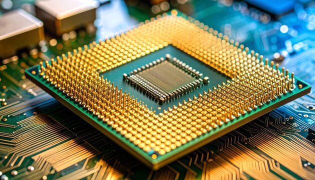 Gleaming Gold CPU with Pin Grid Array on a Vibrant Blue Circuit Board