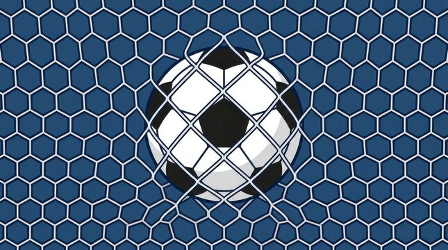 Black and white soccer ball trapped in dark blue goal netting.