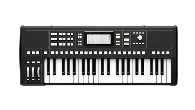 Isolated professional black MIDI keyboard controller with digital display and faders