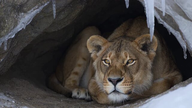 Macro shot of a prehistoric cave lion resting inside a dark ice rimed rocky den