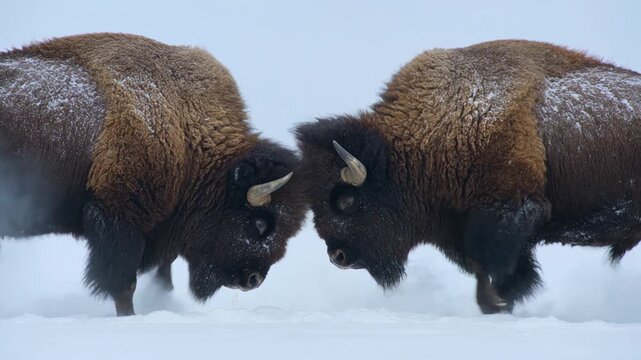 Two massive steppe bison locking horns fiercely in a snow blanketed field breathing thick steam