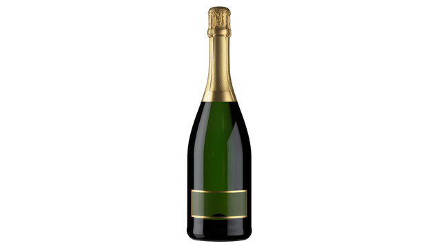 Isolated elegant green glass champagne bottle with golden foil and label for celebration event