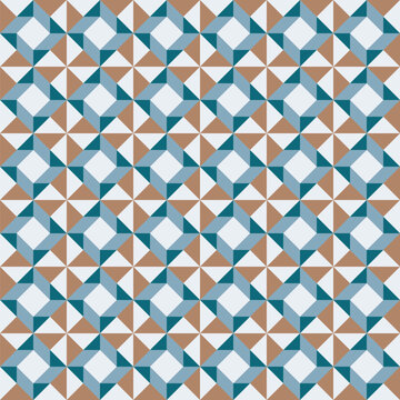 Seamless patchwork pattern created from light brown and teal triangles, and blue parallelograms, on a white background