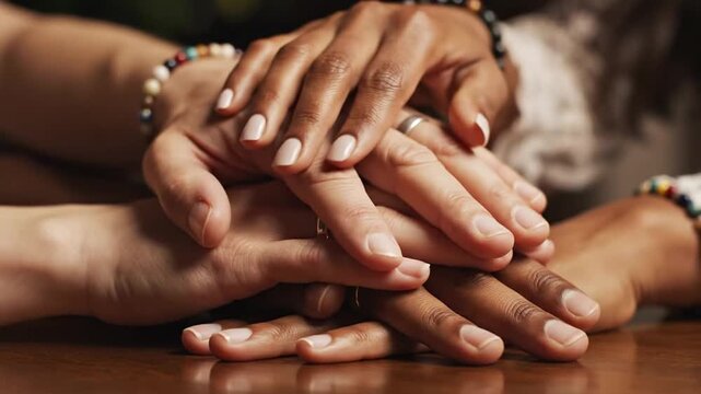 Multiethnic group of people joining hands in unity and support