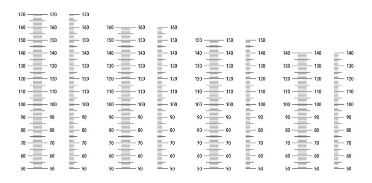 Template for kids wall growth 140, 150, 160 cm and 170cm stickers isolated. Height chart from 50 cm to 140 cm, 150, 160 and 170 centimeters. Meter wall or growth ruler.