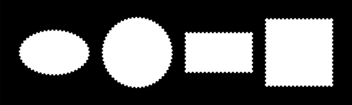 Backdrops for letters or postcards with empty borders. Coupons, labels, tag, box with wavy perforated edges. Postage stamps frames. Oval and rectangular blank vintage stamp template.